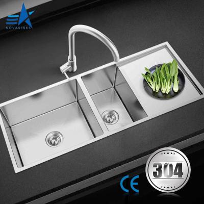 China With Faucet Elegant Style OEM ODM Above Counter Double Bowl 304 Stainless Steel Handmade Kitchen Sink With Faucet for sale