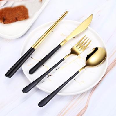 China Viable Gold Plated Fork Knife Spoon Chopsticks Cutlery Set Portable Picnic Stainless Steel Tableware Set Stainless Steel Cutlery Set 24 for sale