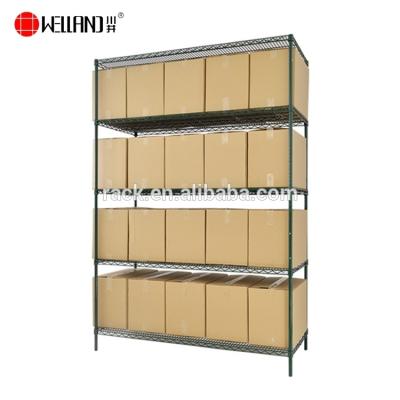 China Stocked Heavy Duty 5 Tier 350kgs Metal Rack Unit, Warehouse Storage Steel Wire Shelving in Green Epoxy Coated for sale