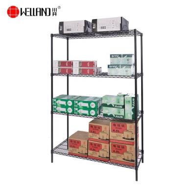 China Cheap Wire Shelving Units Heavy Duty Black Epoxy Coated Metal 4-Tier Corrosion Protection Racks for sale