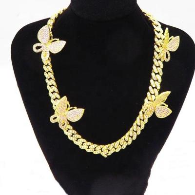 China Powell Fashion Jewelry Gold Plated Necklace CLASSIC Cuban Link Chain Iced Out Butterfly Necklace for sale