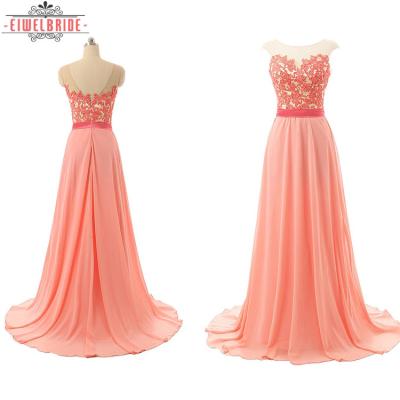 China Real 2018 Anti-Static Peach Chiffon China Coral Bridesmaid Dresses Cheap Sheer Long Neck Lace Maid Of Honor Gowns for sale