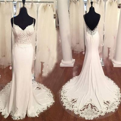 China Viable High Quality Spaghetti Tie Backless Beautiful Lace Appliques Backless Bridal Wedding Dress for sale