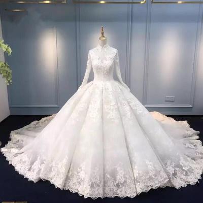 China Modest Long Sleeves Breathable Princess Wedding Dresses High Collar Pretty Lace Appliqued Tulle Muslim Wedding Dresses for sale