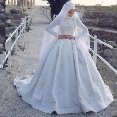 China 2019 New Pattern High Neck Long Sleeve Muslimah Turkey White Lace Wedding Dress Anti-Static Arabic Wedding Dresses With 3D Flowers for sale