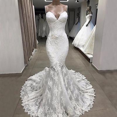 China Anti-Static Spaghetti Straps Sleeveless Luxury Elegant Beaded Mermaid Lace Vintage Fishtail Wedding Dress Bride for sale