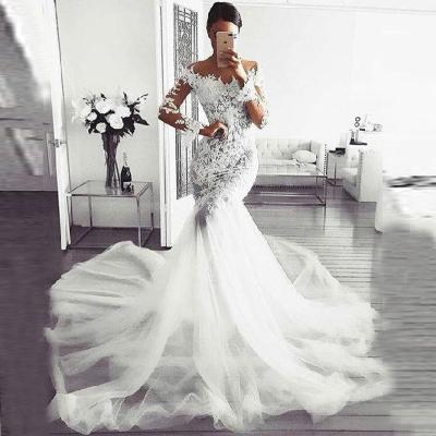 China Elegant Women's Anti-Static Lace Appliques Ivory Tulle Skirt Bride Wedding Dress Long Sleeves for sale