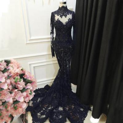 China Anti-Static Sexy Sheer Lace Appliques High Neck Long Sleeve Wedding Dresses Black Gothic Dresses for sale