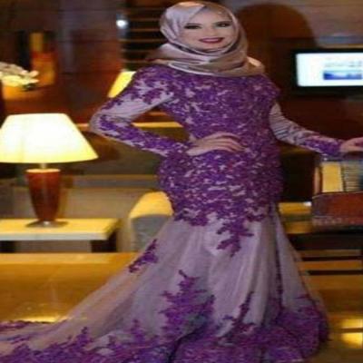 China Anti-Static Sexy Purple Mermaid Lace Sheath Long Elegant Full Figure Evening Dress For Muslim Women for sale