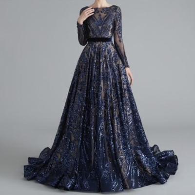 China Cheap Viable High Quality Luxury Sequins One Line Navy Blue Special Occasions Sheath Long Even Prom Dress 2020 for sale