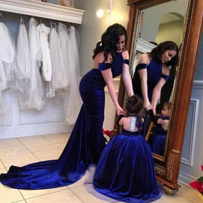 China Royal Blue Velvet Breathable Halter Neck Mermaid Adult Dress Mother And Daughter Matching Clothes A Line Sleeveless Girl Dress for sale