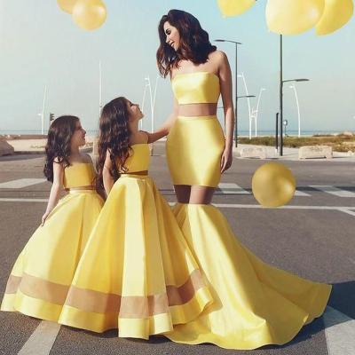 China Yellow Breathable Daffodil Satin Illusion Mermaid Adult A Line Girls Two Piece Matching Mother And Daughter Dress for sale