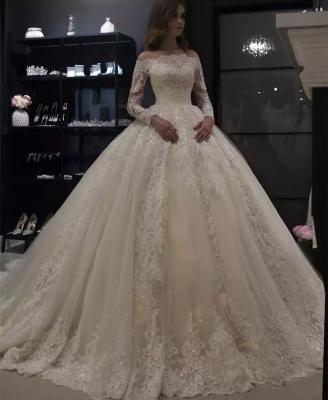 China 2020 Anti-Static Design Off The Shoulder Neckline Long Sleeve Beaded Luxury Diamonds Lace Appliqued Wedding Dress Bridal Gown Images for sale