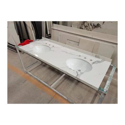 China Luxury Anti-Pollution Bathroom Vanity White Marble Stone Veins Double Single Bowl Quartz Vanity Countertops for sale