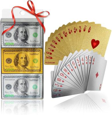 China 100 Paper Bill Themed Inspired Waterproof Card Deck 24 Karat Gold Foil Plastic Playing Cards for sale