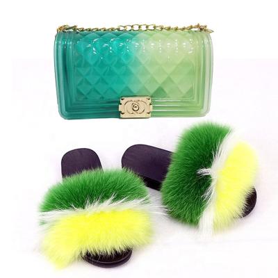 China Fashion Trend Woman Sandals Matching Bags Real Fox Fur Slides Slippers Jelly Purse Set for sale