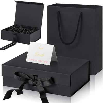 China Materials Factory Custom Black Foldable Ribbon Closure Recycled Magnetic Gift Box With Paper Bag for sale