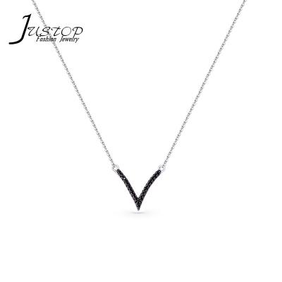 China 925 V Letter Shape Necklace Environmental Friendly Zircon Sterling Silver Pendant Necklace for sale