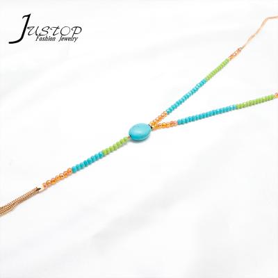 China Turquoise Environmental Friendly Female Green Blue Crystal Stone Bead Long Brass Tassels Necklaces for sale