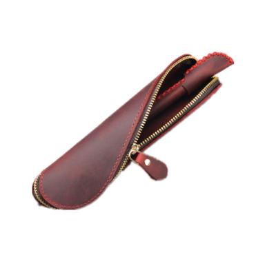 China Genuine Leather Christmas Gift Vintage Cowhide Zipper Pencil Case Pen Bag for sale