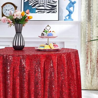 China Fashion Design Lightweight Red Shiny Polyester Sequin Embroidered Tablecloth For Wedding for sale