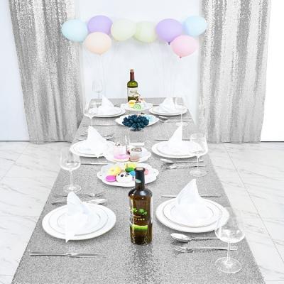 China Light Silver Rectangular Light Sequin Polyester Material China Textile Table Cloth For Wedding for sale