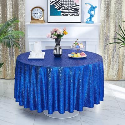 China Lightweight Soft Blue Wrinkle Free Sequin Circular Embroidery Round Tablecloth For Home Decoration for sale