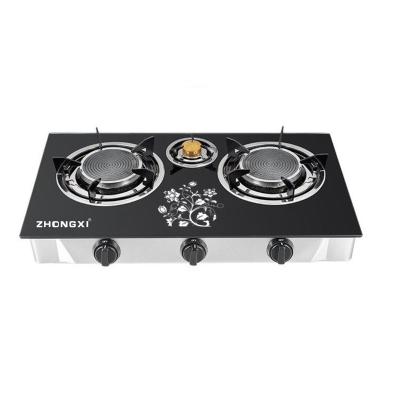 China Hotel Tempered Glass 3 Burners Gas Stove Gas Cooker Cover Good Quality Tabletop Steel Cookware for sale