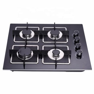 China Hotel Cast Iron Pan Support 4 Burners Tempered Glass Black Panel Built In Household Gas Cooktops Home Kitchen Appliance for sale