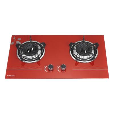 China Hotel Built-in Tempered Glass Red 2 Burner Gas Hobs Kitchen Use Blue Flame LPG Gas Cooktops Home Gas Kitchen Appliances NG Cooker for sale