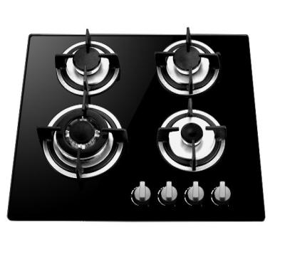 China Hotel 60cm 4 Burner Built In Black Tempered Glass Safety Device Gas Cooktop for sale