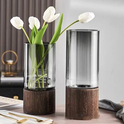 China Smoke 2022 Home Flower Arrangement In Factory Decor Retro Luxury Low Table Wooden Wholesale Minimalist Brown Gray Gray Glass Vases for sale