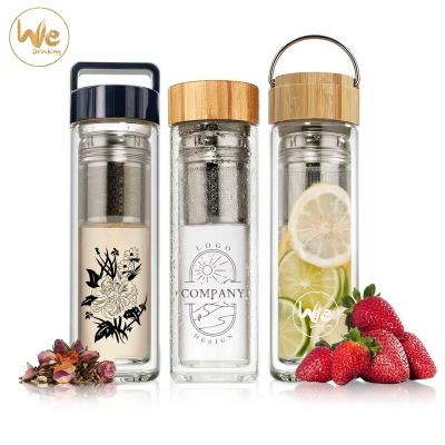 China GS07 480ML BPA FREE Sustainable Bamboo Lid Tea Infuser Double Walled Glass Bottle With Gold for sale