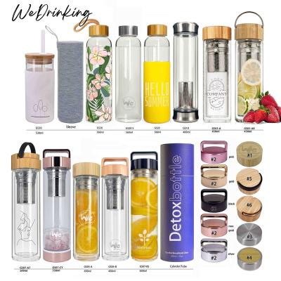 China 425ml Viable 15oz For Detox And Coffee Double Layer Heat Resistant Glass Water Bottle With Bamboo Lid for sale