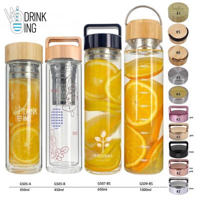 China GS07-B Viable 480ml For Hot Cold Detox Insulated Glass Tea Water Bottle With Handle Lid And Strainer for sale