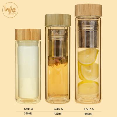 China GS07 Sustainable 480ml No Stocked Double Wall Glass Water Bottle By MOQ With Lid And Bamboo Tea Infuser for sale