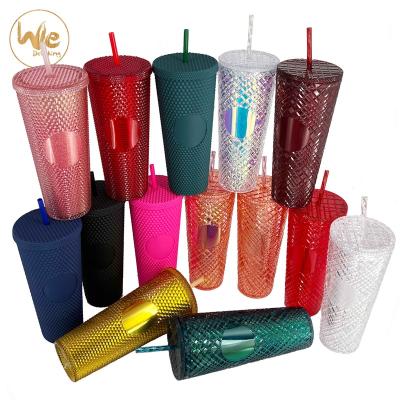 China 2022 New Trend Amazon 24oz Double Wall Mug Cup Stocked Plastic Cup Tumbler Well Chosen Running Stud Grid With Straw Lid for sale