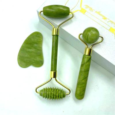 China 3Pcs Natural Green Jade Gua Sha Face Lift and Roller for Anti Aging Face Massager Facial Relaxation for sale