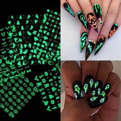 China Luminous Self Adhesive Nail Art Designs Sticker For Nail Art Decoration 3D Halloween Pumpkin Skull for sale