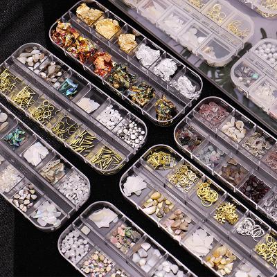 China Japanese Style 12 Grids Mixed Shaped 3D Metal Nail Rivets Studs Shell Bead Charms For Women Nails Decor for sale