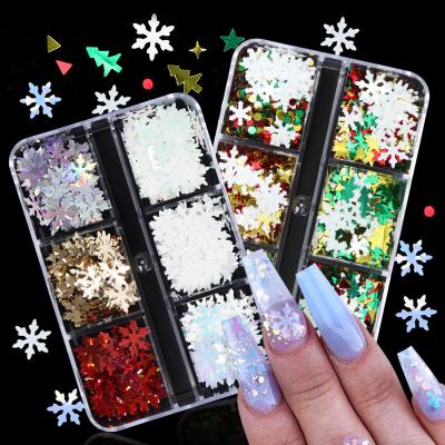 China Easy to Apply Wholesale 6 Grids Colorful Holographic Winter Snowflakes Flake Nail Glitter Sequins for Christmas Decorations for sale