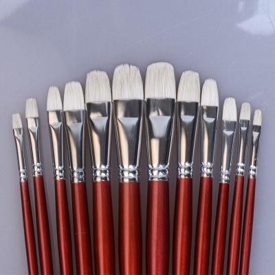 China Red Oil Brush OEM Goat Hair Handle 12 Pcs Artist Brush Oil Painting Gouache Painting Acrylic Paint for sale