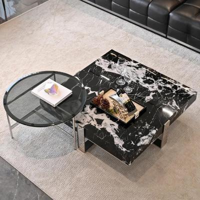 China Marble Round Tea Serving Table With Stainless Steel Shelf for sale