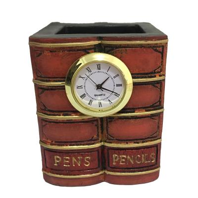 China Europe Polyresin Mini Home Decoration Retro Antique Pen Holder With Clock for sale