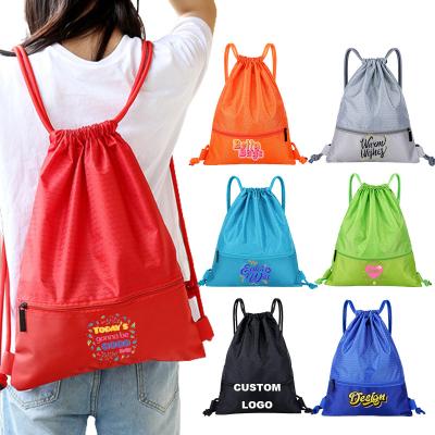 China Logo Printed Waterproof Nylon Drawstring Backpack Bags With Drawstring Zipper Pouch Promotion Sports Gym Bags For Outdoor for sale