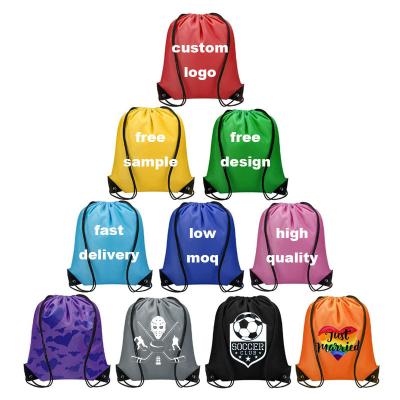 China Wholesale Promotional Custom Waterproof Logo Printed Waterproof Polyester Drawstring Bags Shopping Gym Sports 210D Backpacks For Women Men for sale