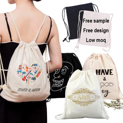 China Custom Low MOQ Eco-Friendly Cotton Canvas Drawstring Backpack Bags With Logo Promotional Gift Draw String Bags Eco-Friendly Shopping Bags for sale