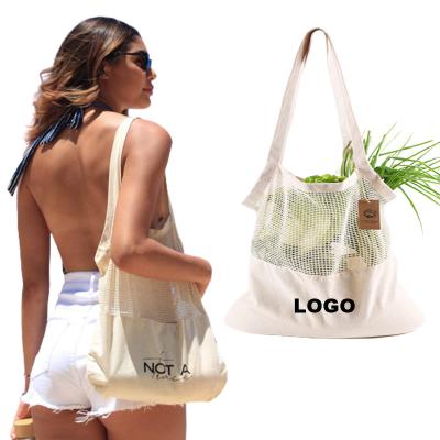 China Reusable 100% Cotton Canvas Mesh Bags Beige Net Tote Bag Grocery with Long Handle Reusable Cotton Knit Fruit Vegetables Carry Bags for sale