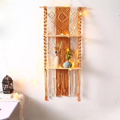 China Macrame Style 2 Tiers Traditional Bohemian Handmade Wall Hanging Floating Shelf For Living Room Decorations for sale