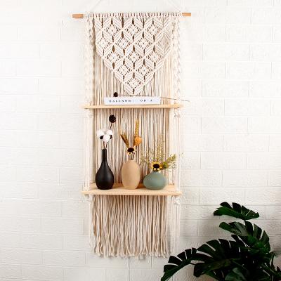 China Macrame 2 Tiers Traditional Bohemian Handmade Wall Hanging Fashion Style Floating Shelf For Living Room Decorations for sale